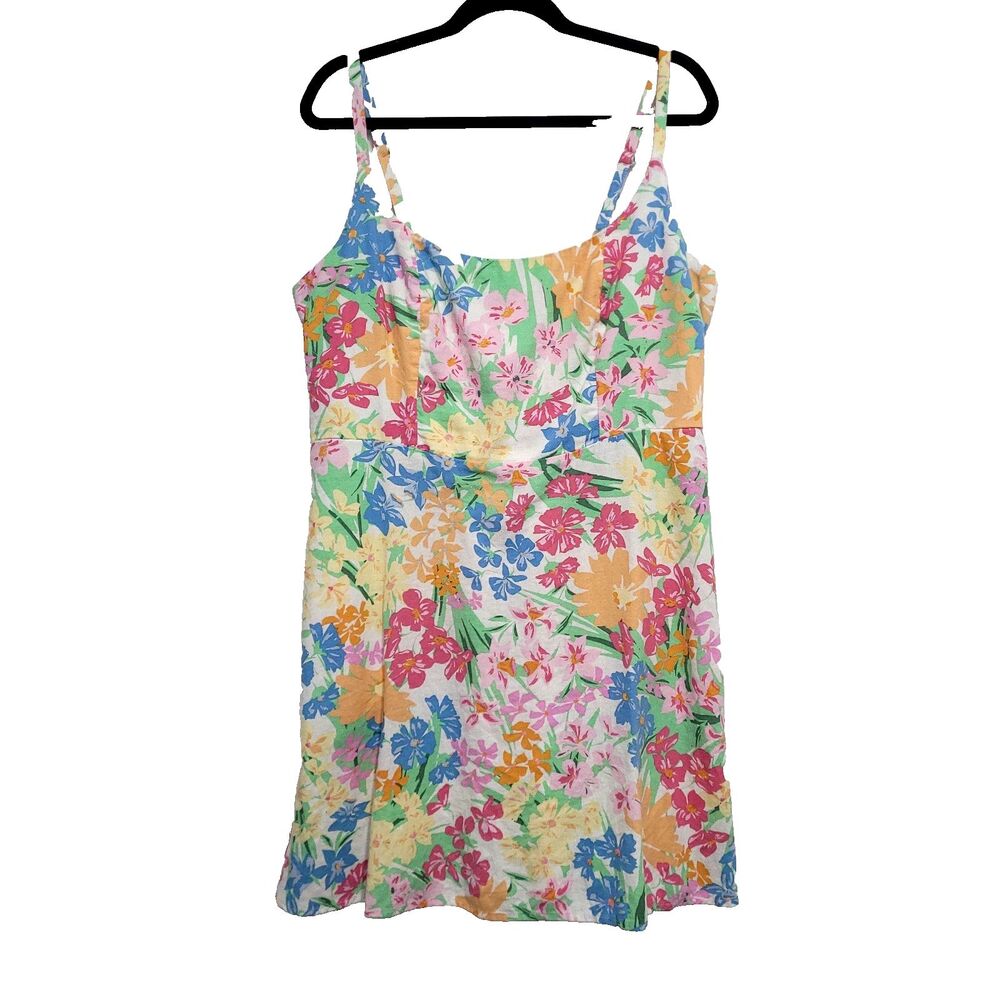Floral Hawaiian linen sun Dress old navy XL Round Neck Smocked‎ Stretch Pockets